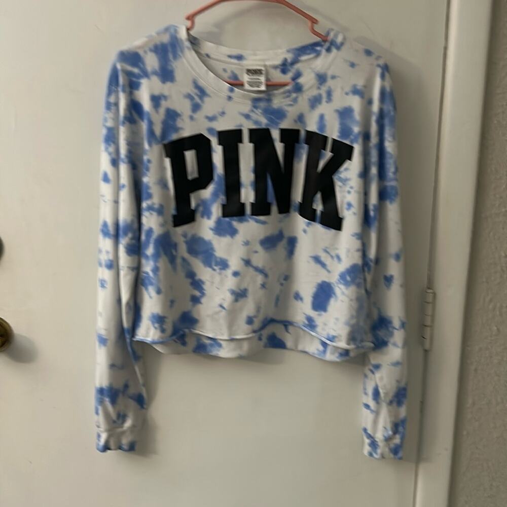 PINK Victoria’s Secret Long Sleeve Tie Dye Crop Top Blue/White L Casual Active
